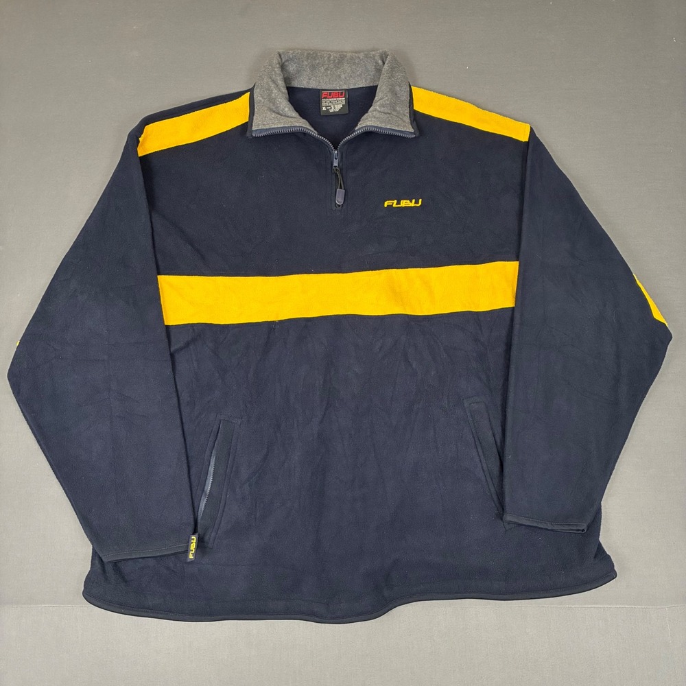 Vintage Y2K FUBU Navy Blue Yellow Colorblock Quarter Zip Sweater Men's Size XL
